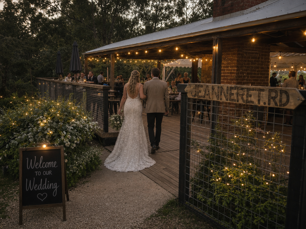 Bride and groom walking through the Jeanneret Rd gate towards the festoon-lit deck at dusk