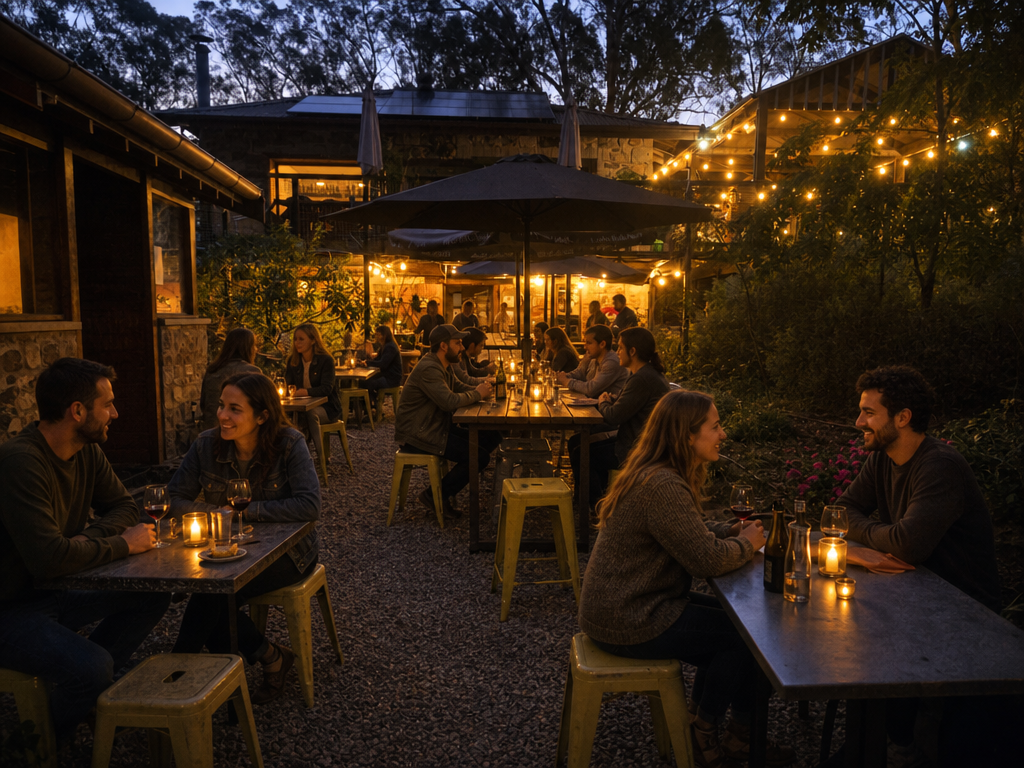 Festoon-lit courtyard at dusk set with tables for a wedding reception