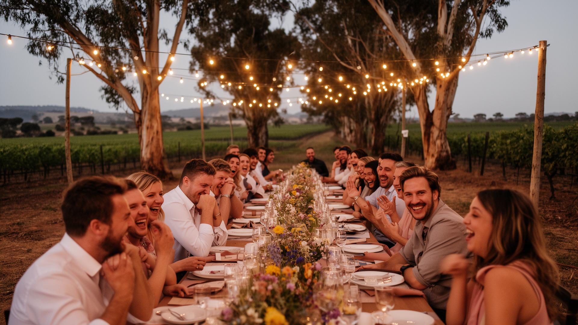 Long-table dinner under festoon lights