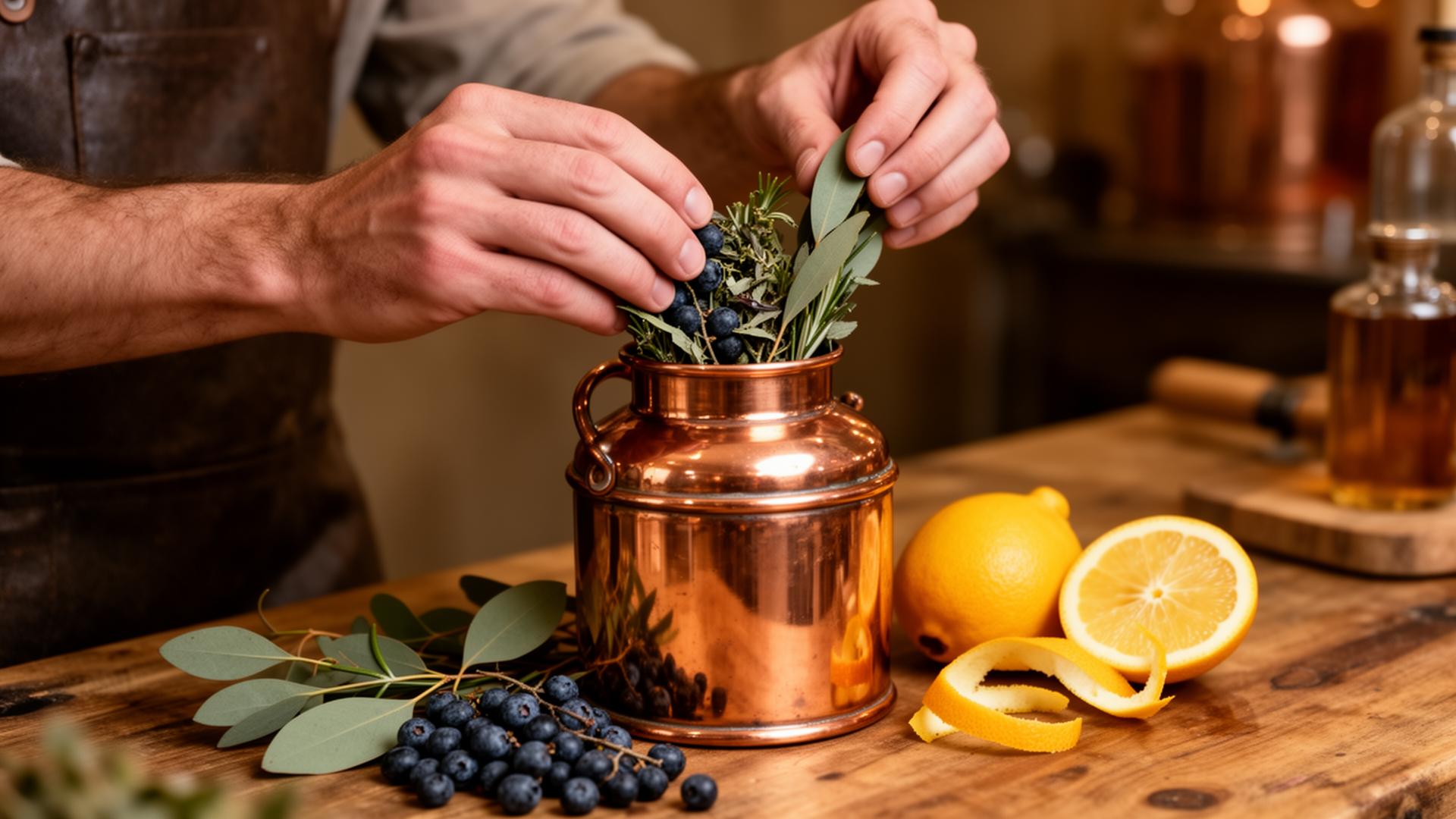 Hands blending botanicals into a copper gin still