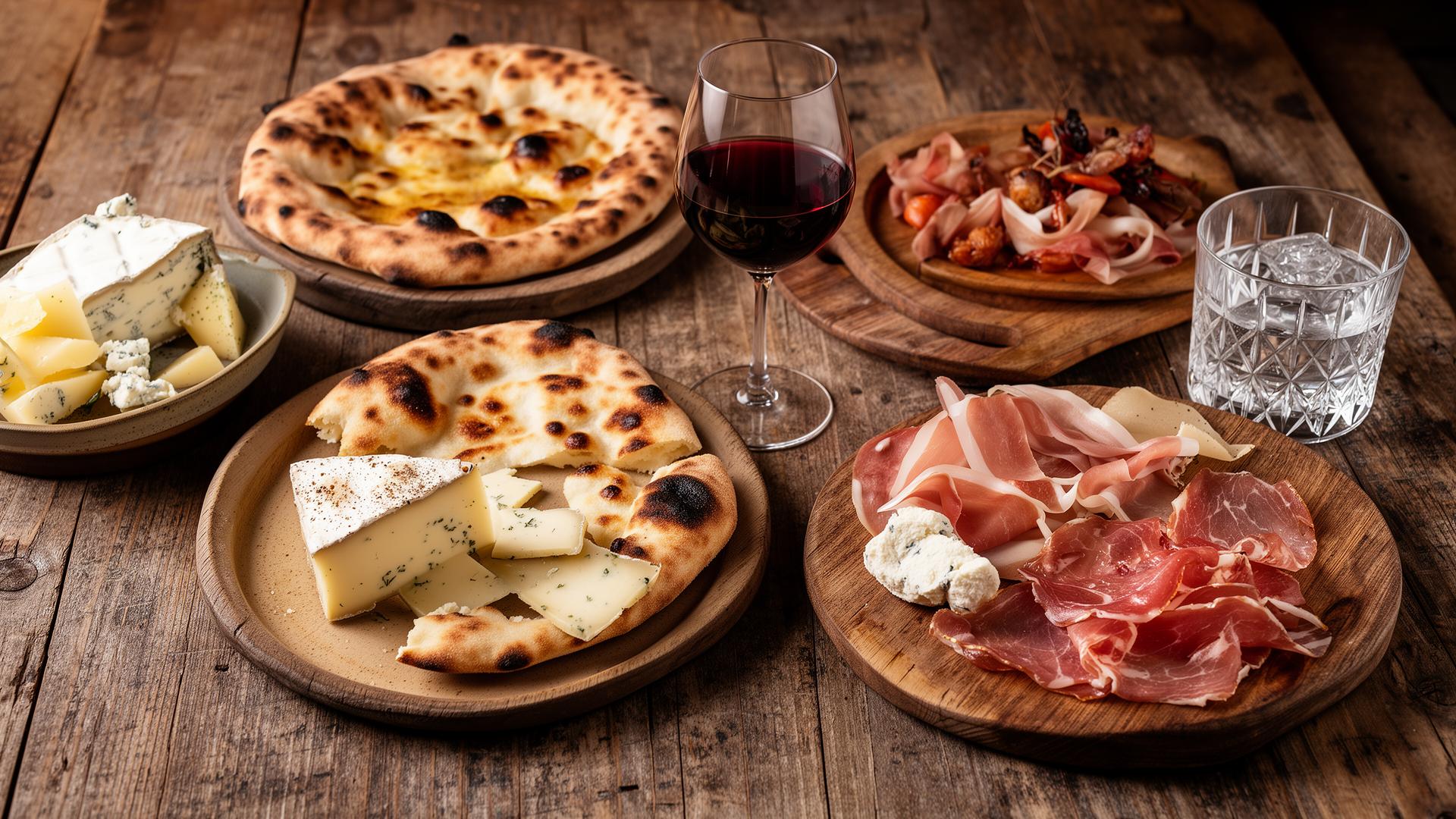Wood-fired pizza and share plates on a rustic timber table